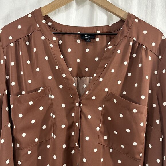 Torrid Harper Crepe De Chine Brown Polka Dot 3/4 Sleeve Top Womens Size 2 Career - Picture 4 of 11
